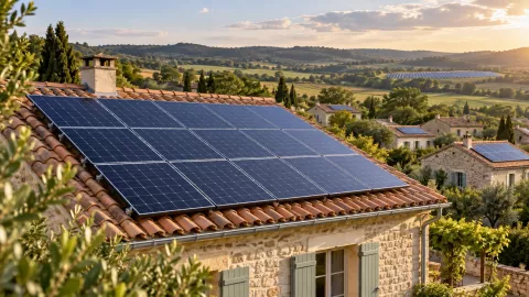 Illustration de toitures photovoltaïques dans un village français, avec un parc solaire au loin.