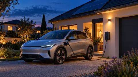Voiture électrique branchée à une borne devant une maison équipée de panneaux solaires, en soirée.