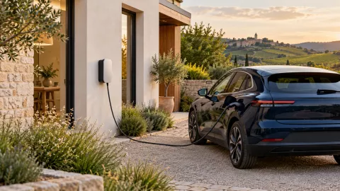 Voiture électrique reliée à une borne murale devant une maison.
