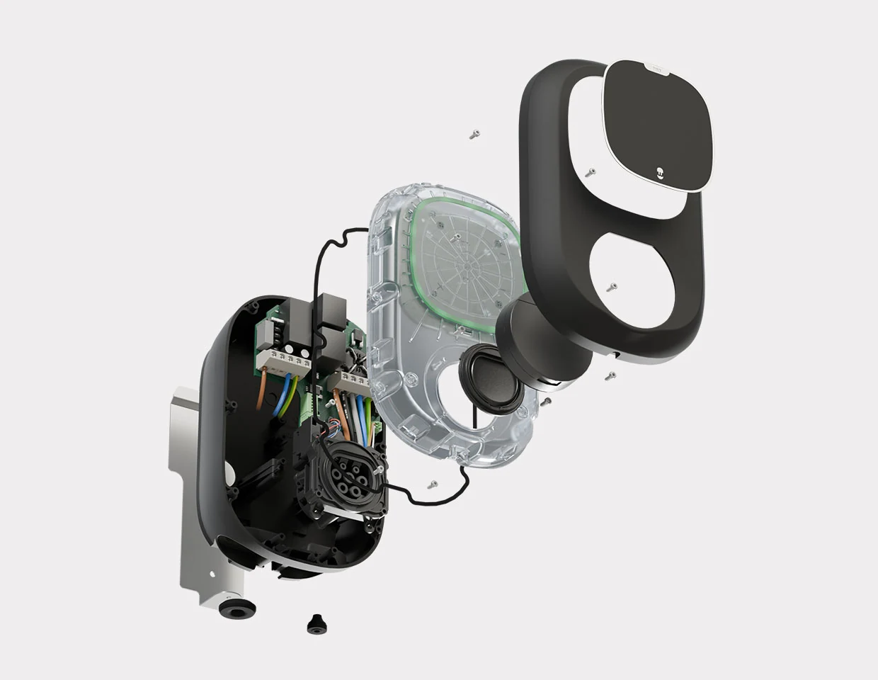 Les composants de la Wallbox Pulsar Max, de son support mural à sa façade, en vue éclatée