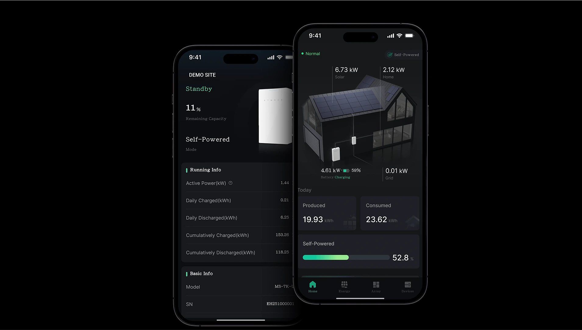 Écrans Atmozen montrant les flux de la maison et la batterie
