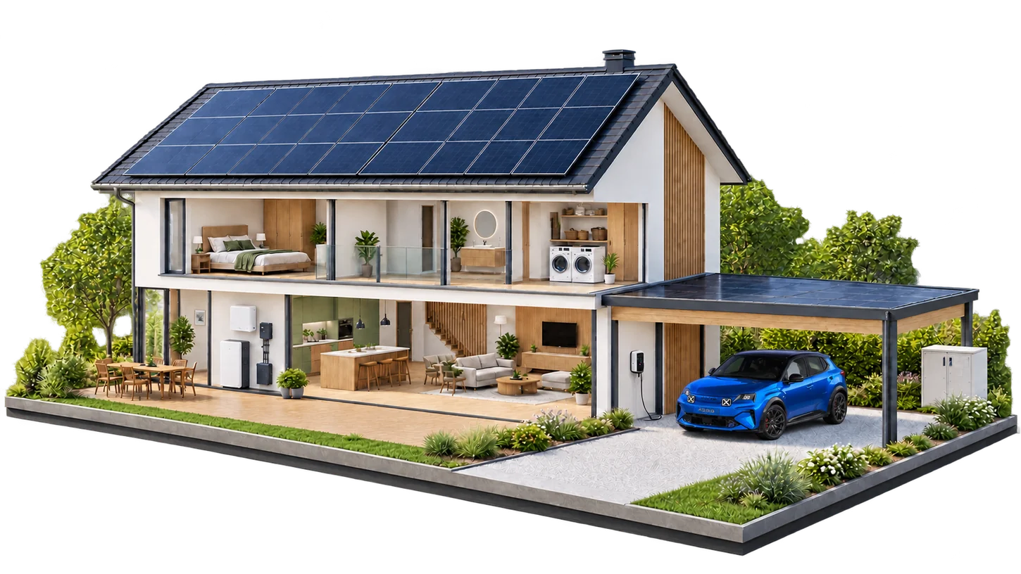 Illustration de la maison en plein jour, avec panneaux photovoltaïques, batterie et Alpine A290 bleue sous le carport.