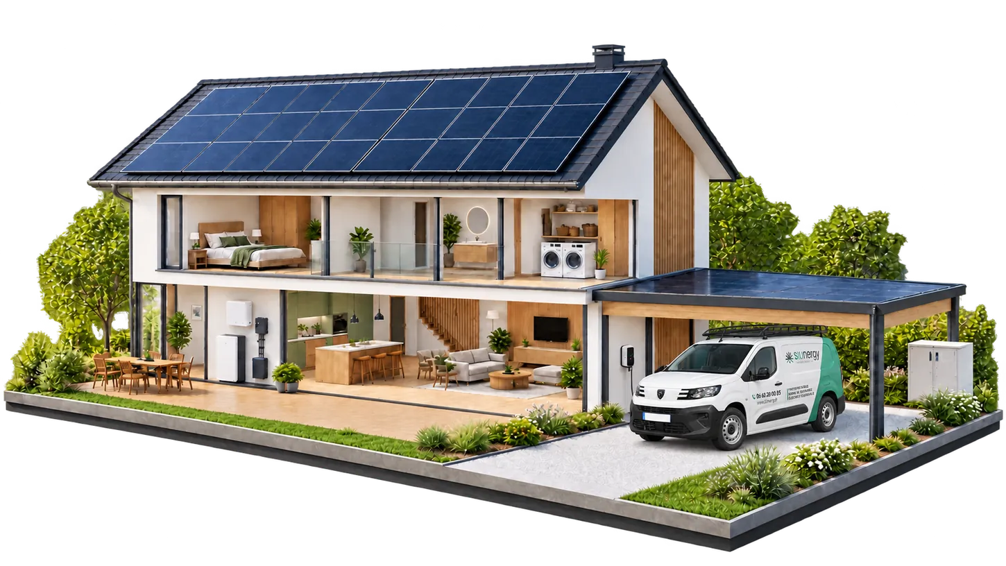 Illustration de la maison en plein jour, avec panneaux photovoltaïques, batterie et utilitaire Silinergy blanc et vert sous le carport.