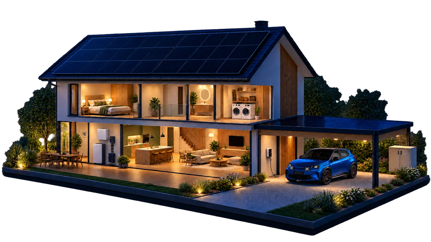 Illustration de la même maison de nuit, avec ses pièces éclairées et l’Alpine A290 bleue sous le carport.