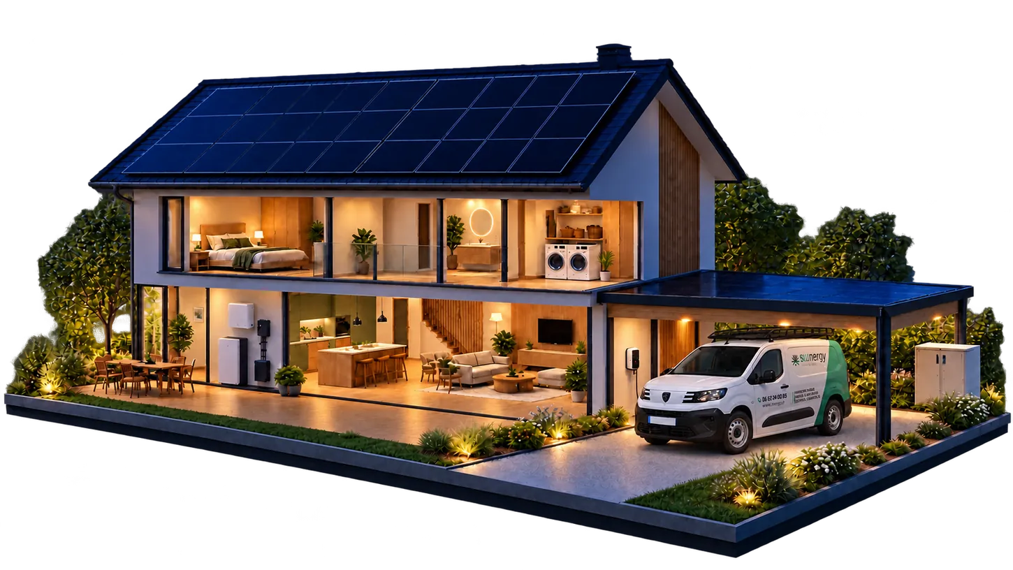 Illustration de la même maison de nuit, avec ses pièces éclairées et l’utilitaire Silinergy blanc et vert sous le carport.